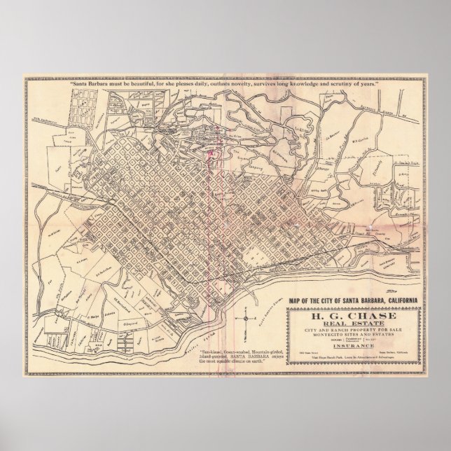Póster Mapa antiguo de la ciudad de Santa Bárbara Califor (Frente)