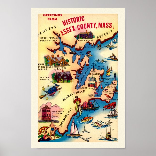 Póster Mapa Antiguo de la Costa de Massachusetts (Frente)