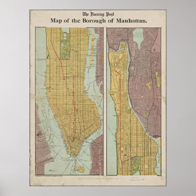 Póster Mapa antiguo de la época de Manhattan Nueva York (Frente)