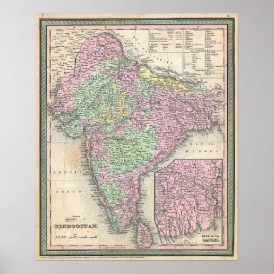 Póster Mapa antiguo de la India, 1853