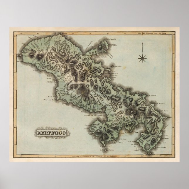 Póster Mapa antiguo de la isla de Martinica (1823) (Frente)
