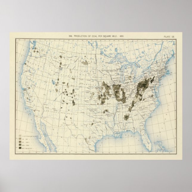 Póster Mapa antiguo de la minería del carbón en Estados U (Frente)