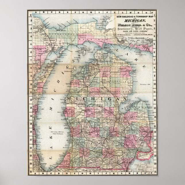 Póster Mapa antiguo de la zona de Michigan 1878 (Frente)