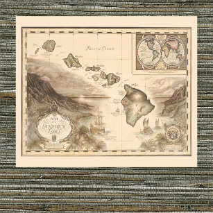 Póster Mapa antiguo de las Islas Sandwich, Hawái, años 17