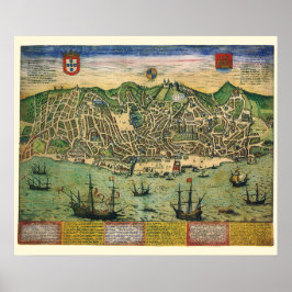 Póster Mapa Antiguo de Lisboa, Portugal por Braun/Hogenbe