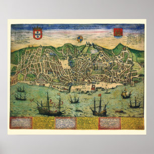 Póster Mapa Antiguo de Lisboa, Portugal por Braun/Hogenbe