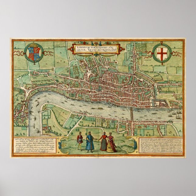Póster Mapa antiguo de Londres por Braun & Hogenberg (Frente)