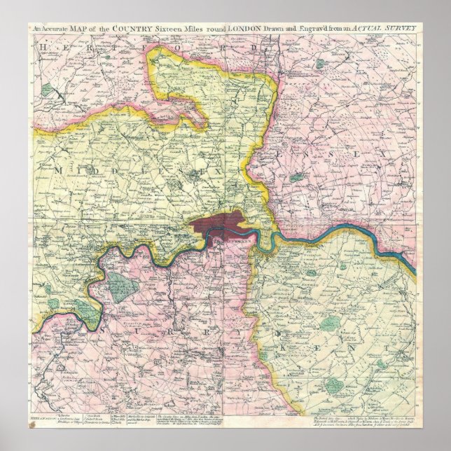 Póster Mapa antiguo de Londres y alrededores, 1764 (Frente)