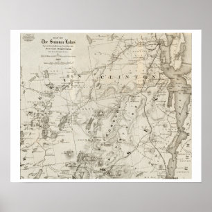 Póster Mapa antiguo de los lagos Saranac Nueva York