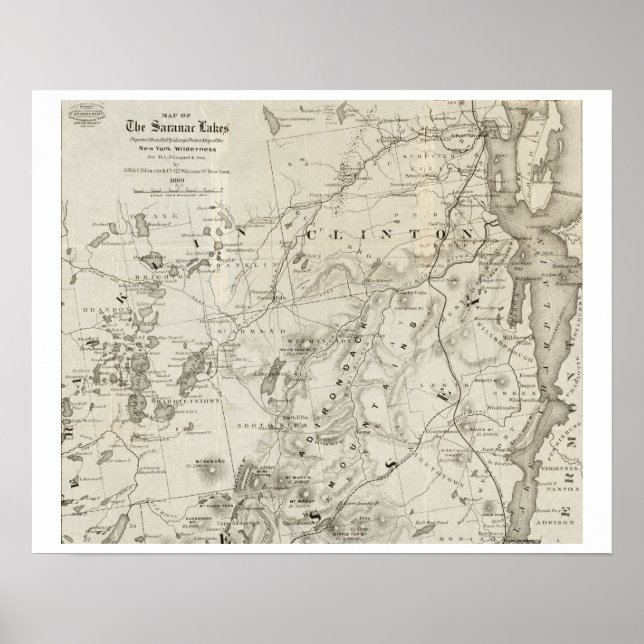Póster Mapa antiguo de los lagos Saranac Nueva York (Frente)