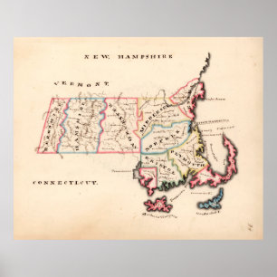 Póster Mapa antiguo de Massachusetts (1819) The Bay State