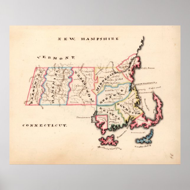 Póster Mapa antiguo de Massachusetts (1819) The Bay State (Frente)