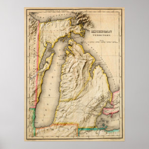 Póster Mapa antiguo de Michigan 1822 con moderno alivio