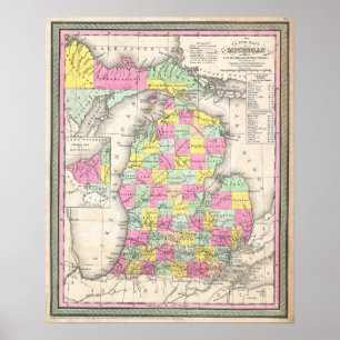 Póster Mapa antiguo de Michigan, 1853