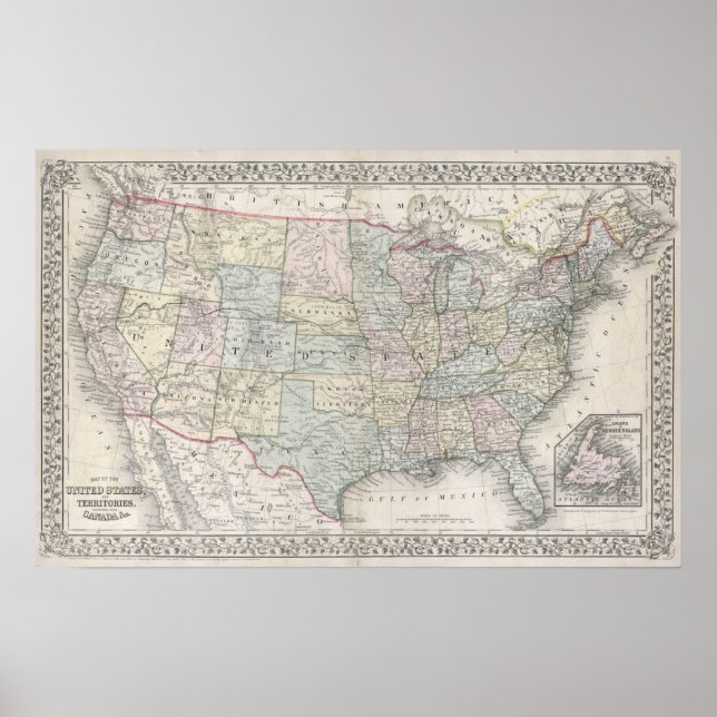 Póster Mapa Antiguo de Mitchell de los Estados Unidos (18 (Frente)