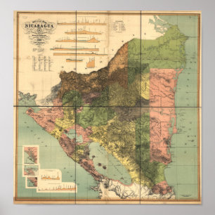 Póster Mapa antiguo de Nicaragua 1898