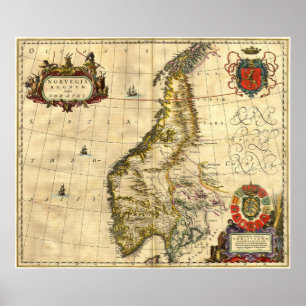Póster Mapa antiguo de Noruega