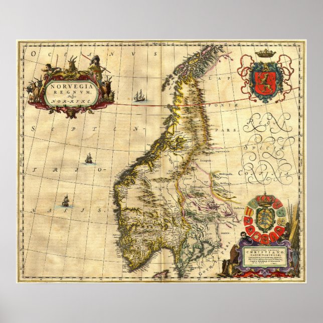Póster Mapa antiguo de Noruega (Frente)