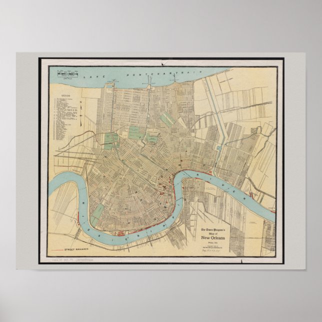 Póster Mapa antiguo de Nueva Orleans, LA (Frente)