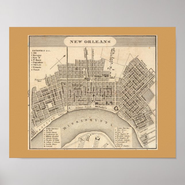 Póster Mapa antiguo de Nueva Orleans, LA (Frente)