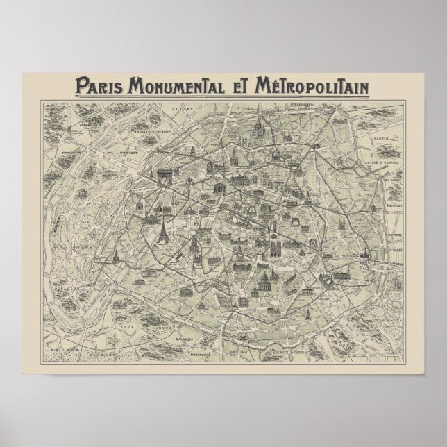 Póster Mapa Antiguo De París (Frente)