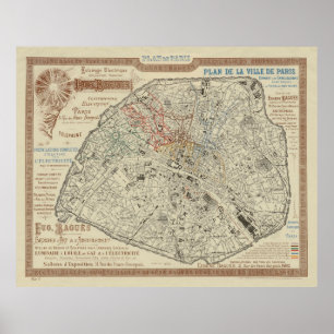 Póster Mapa antiguo de París Francia (1895)