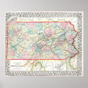 Póster Mapa antiguo de Pensilvania, 1867