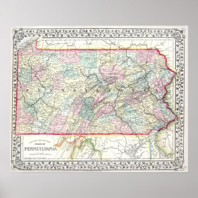 Póster Mapa antiguo de Pensilvania, 1867 (Frente)