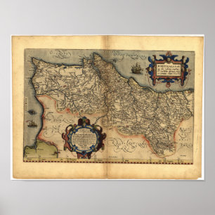 Póster Mapa antiguo de Portugal ORTELIUS ATLAS 1570 A.D.