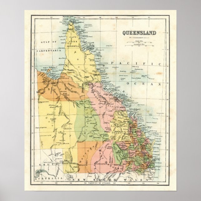 Póster Mapa antiguo de Queensland Australia (Frente)