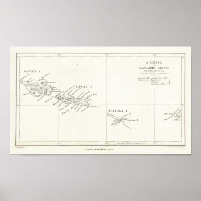 Póster Mapa antiguo de Samoa (Frente)