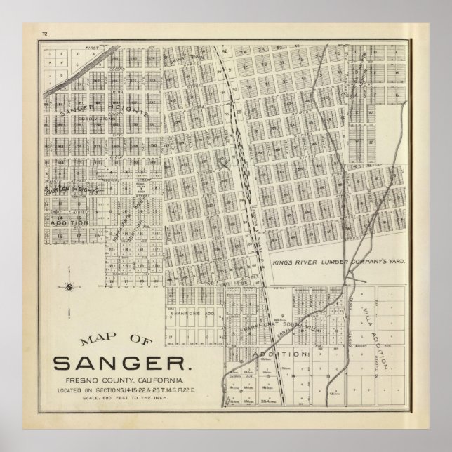 Póster Mapa antiguo de Sanger CA (1891) (Frente)