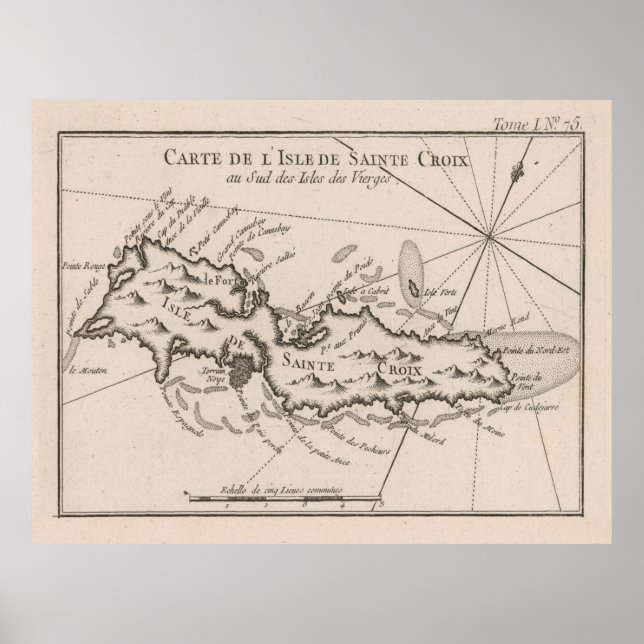Póster Mapa antiguo de Santa Cruz (1764) Islas Vírgenes V (Frente)