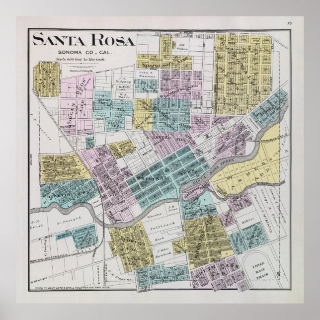 Póster Mapa antiguo de Santa Rosa CA (1898) (Frente)