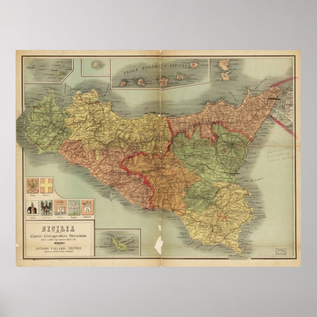 Póster Mapa antiguo de Sicilia de 1900 (Sicilia carta) (Frente)