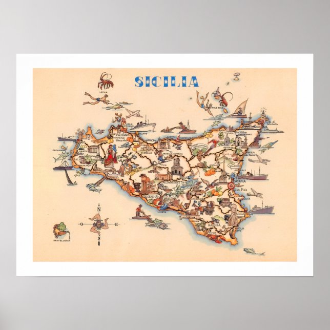Póster Mapa Antiguo de Sicilia Impreso (Frente)