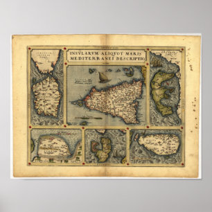 Póster Mapa antiguo de Sicilia ORTELIUS ATLAS 1570 A.D.