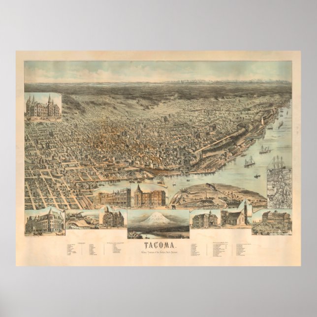 Póster Mapa antiguo de Tacoma WA (1890) Ciudad vieja de d (Frente)