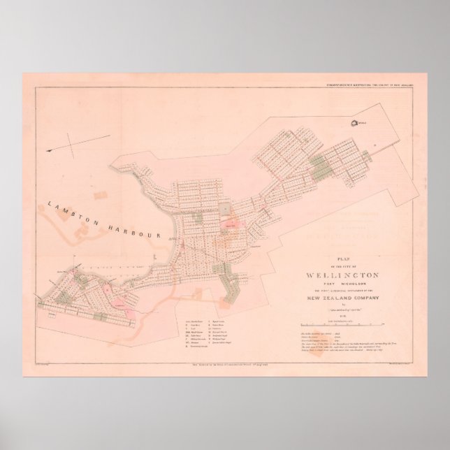 Póster Mapa antiguo de Wellington NZ (1841) Nueva Zelanda (Frente)