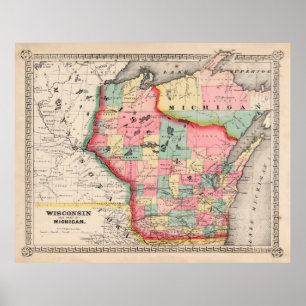 Póster Mapa antiguo de Wisconsin (1865) Estado del Badger
