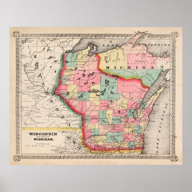 Póster Mapa antiguo de Wisconsin (1865) Estado del Badger (Frente)