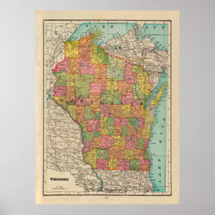Póster Mapa antiguo de Wisconsin (1909) Estado del Badger