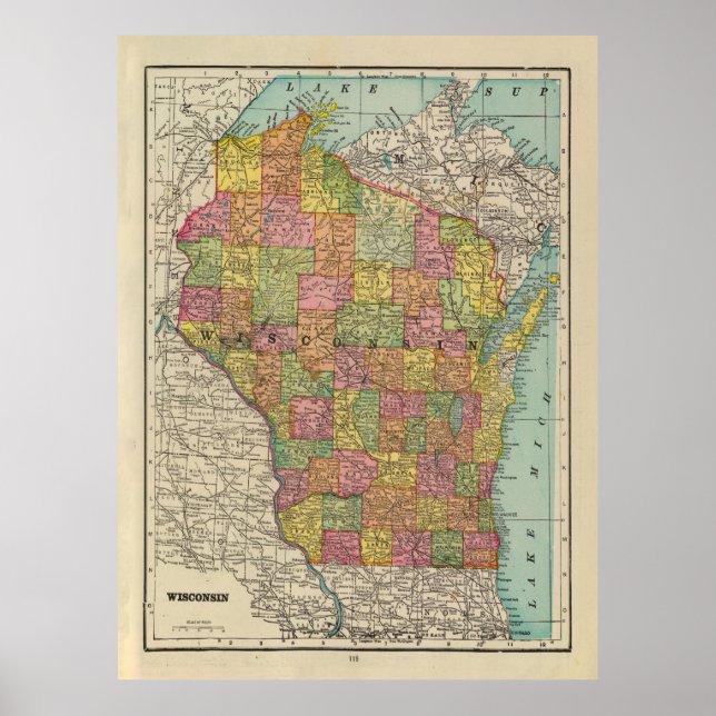 Póster Mapa antiguo de Wisconsin (1909) Estado del Badger (Frente)