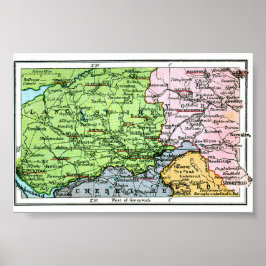 Póster - Mapa Antiguo de Yorkshire/Lancashire 