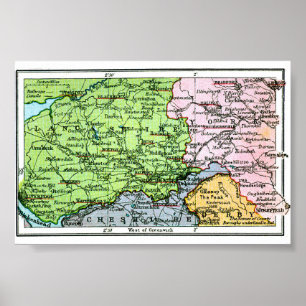 Póster - Mapa Antiguo de Yorkshire/Lancashire