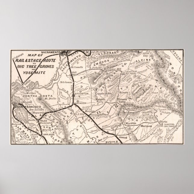Póster Mapa Antiguo de Yosemite 1876 (Frente)