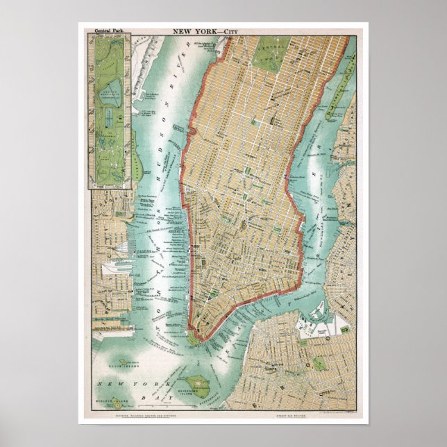 Póster Mapa antiguo del bajo Manhattan y Central Park (Frente)