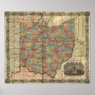 Póster Mapa antiguo del carril 1854 de Ohio