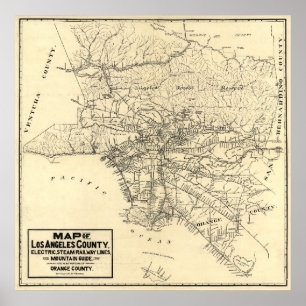 Póster Mapa Antiguo del Condado de Los Ángeles, Californi
