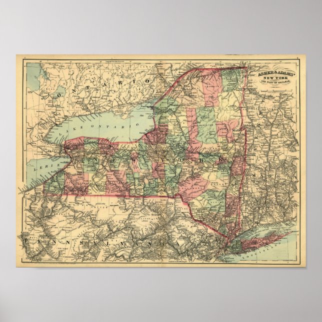 Póster Mapa antiguo del estado de Nueva York 1871 (Frente)